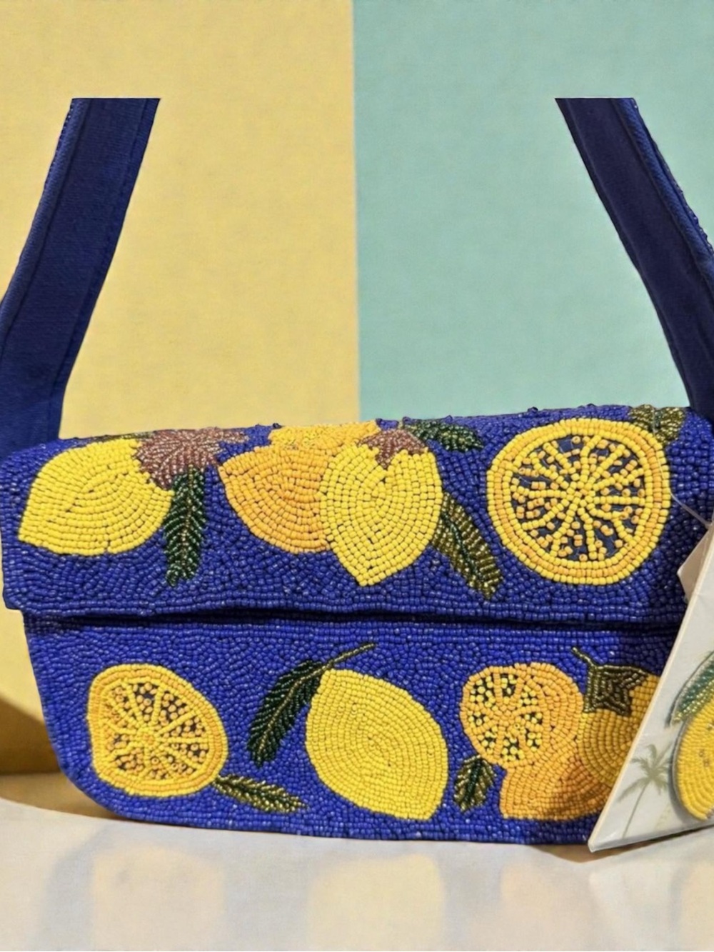Beaded Lemon Shoulder Bag - Blue & Yellow with matching earrings